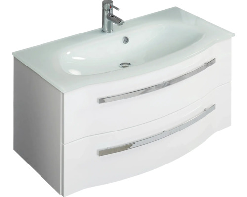Meuble sous-lavabo blanc avec deux tiroirs et lavabo