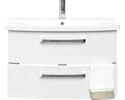 Meuble-lavabo avec deux tiroirs, robinetterie et serviette