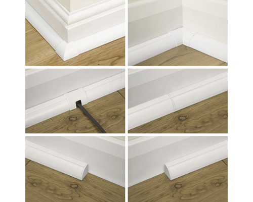 Sechs Ansichten von weissen Kabelführungskanälen an einer Wand mit Holzboden