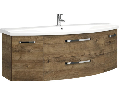 Waschtischunterschrank mit Waschbecken und zwei Schubladen in Holzoptik.