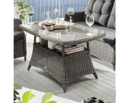 Gartentisch aus Rattan mit Glasplatte und Ablagefach