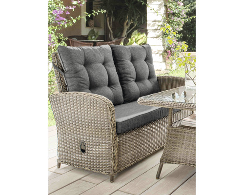 Banc de jardin deux places en rotin avec rembourrage et coussins