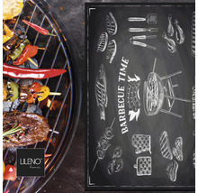 Grillmatte mit Grillmotiven und Lebensmitteln auf dem Grill