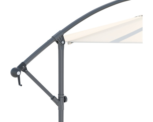 Detailansicht eines Sonnenschirms mit Kurbelmechanismus und grauem Gestell