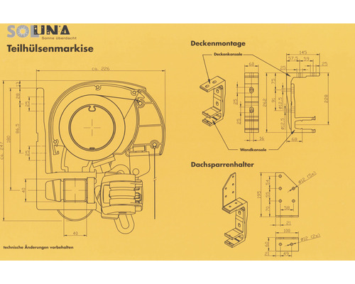 Technische Zeichnung einer Soluna Teilhülsenmarkise mit Maßangaben für Deckenmontage und Dachsparrenhalter