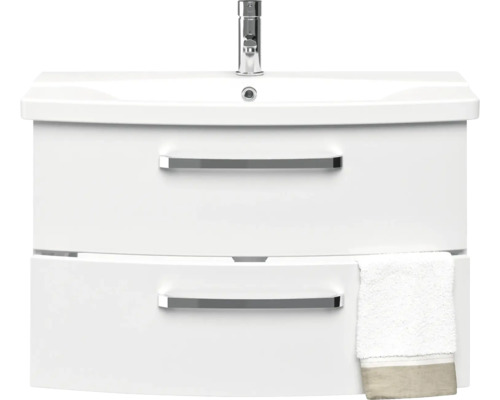 Meuble sous-vasque blanc avec deux tiroirs, robinet et serviette