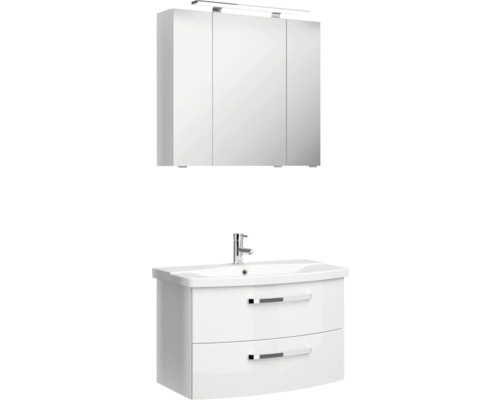 Ensemble de meubles de salle de bains comprenant un meuble sous-lavabo avec deux tiroirs et une armoire de toilette avec trois portes