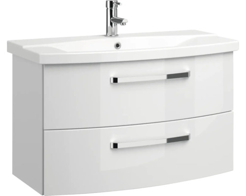 Meuble sous-vasque blanc avec deux tiroirs et vasque à poser avec robinet