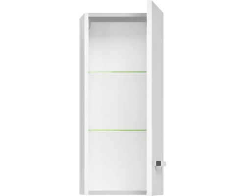 Offener weisser Spiegelschrank mit Glasböden