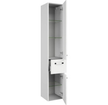 Armoire haute de salle de bain blanche avec portes ouvertes et tiroir