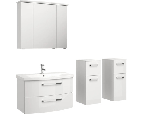 Ensemble de salle de bains avec meuble sous-lavabo, lavabo, armoire de toilette et deux meubles de salle de bains