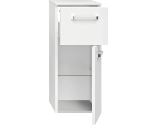 Weisser Badezimmer-Hängeschrank mit einer Schublade und einer Tür mit Glasablage