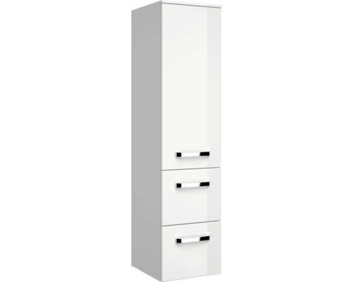 Weißer Hochschrank mit drei Schubladen und Griffen.