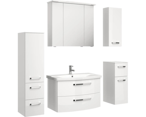 Badezimmermöbelset mit Waschbeckenunterschrank, Spiegelschrank und Hochschränken