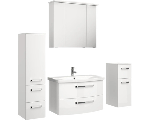 Badezimmerset mit Waschtischunterschrank, Spiegelschrank und Hochschrank