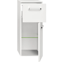 Armoire haute blanche avec un tiroir et une porte avec étagère en verre