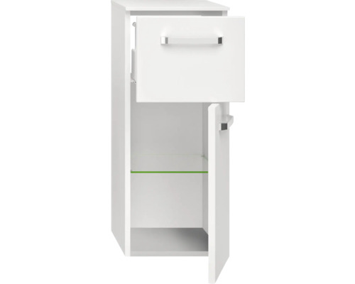 Armoire haute blanche avec un tiroir et une porte avec étagère en verre