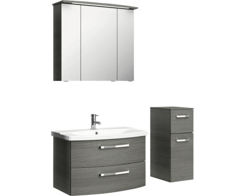 Badezimmermöbelset mit Waschtischunterschrank, Waschbecken, Spiegelschrank und Hochschrank