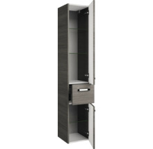 Armoire haute avec tiroir, deux portes et étagères en verre
