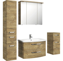 Ensemble de salle de bains avec lavabo, armoire de toilette, armoire haute et meuble sous-lavabo en décor bois