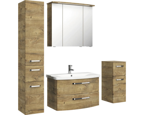Badezimmer-Set mit Waschtisch, Spiegelschrank, Hochschrank und Unterschrank im Holzdekor
