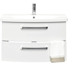 Meuble sous-lavabo blanc avec deux tiroirs, robinet et serviette