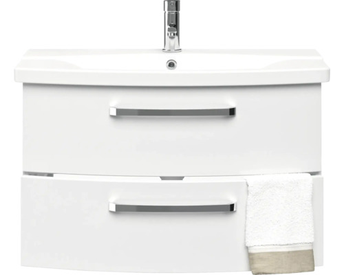Meuble sous-lavabo blanc avec deux tiroirs, robinet et serviette