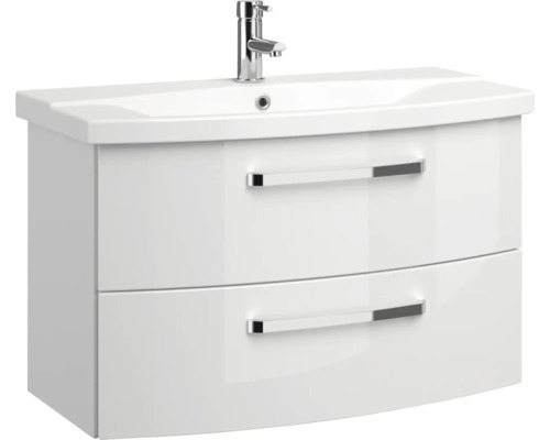 Meuble sous-lavabo blanc avec deux tiroirs et robinetterie