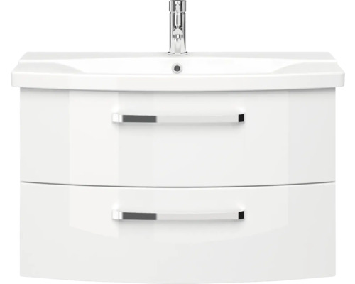 Meuble sous-lavabo blanc avec deux tiroirs et robinet