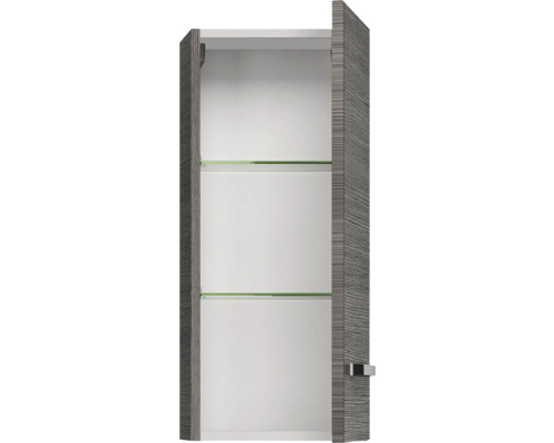 Armoire de toilette ouverte avec deux étagères en verre