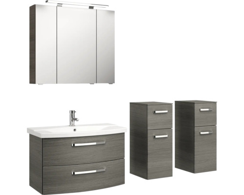 Badezimmermöbel-Set mit Waschtisch, Waschbecken, Spiegelschrank und zwei Schubladenschränken