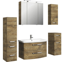 Ensemble de salle de bains avec lavabo, armoire de toilette et armoire haute en design bois