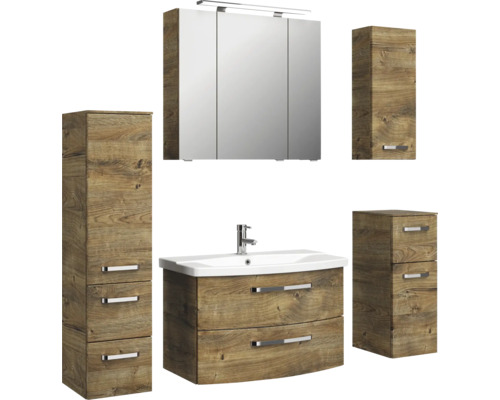 Badezimmerensemble mit Waschtisch, Spiegelschrank und Hochschrank im Holzdesign