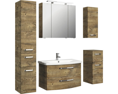 Badezimmermöbelset mit Waschtischunterschrank, Spiegelschrank, Hochschrank und Seitenschrank im Holzdesign