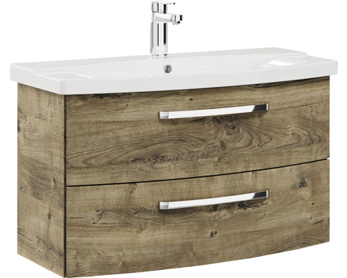Waschtischunterschrank mit zwei Schubladen, Holzdekor und Aufsatzwaschbecken