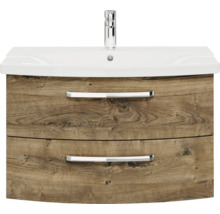 Meuble sous-lavabo avec deux tiroirs, décor bois et lavabo