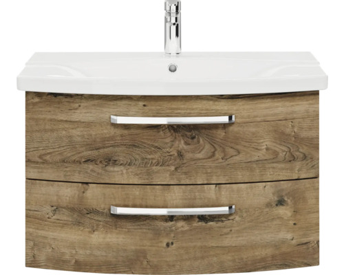 Meuble sous-lavabo avec deux tiroirs, décor bois et lavabo