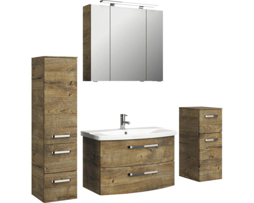 Ensemble de salle de bains avec meuble sous-vasque, armoire de toilette et deux armoires hautes aspect bois