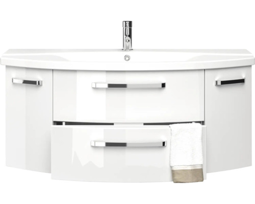 Meuble-lavabo avec deux tiroirs, robinet et serviette