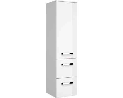 Armoire haute de salle de bain blanche avec trois tiroirs et poignées