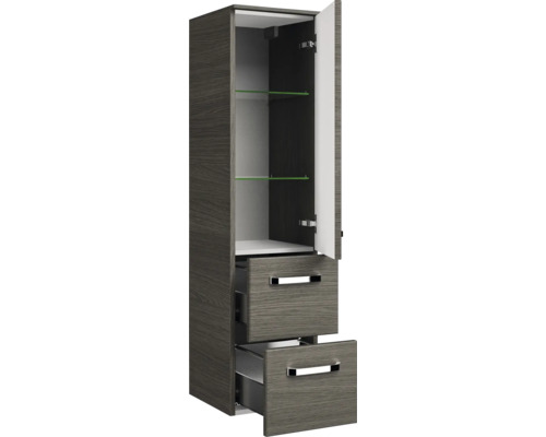 Armoire haute avec porte, étagères en verre et deux tiroirs