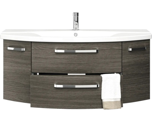 Meuble-lavabo avec structure en bois, tiroirs et serviette