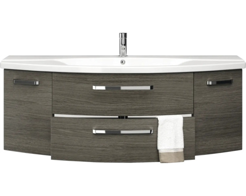 Meuble sous-vasque avec lavabo, robinet et serviette
