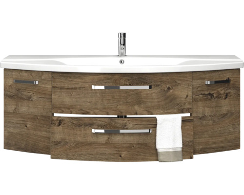 Meuble sous-lavabo avec lavabo, robinet et serviette