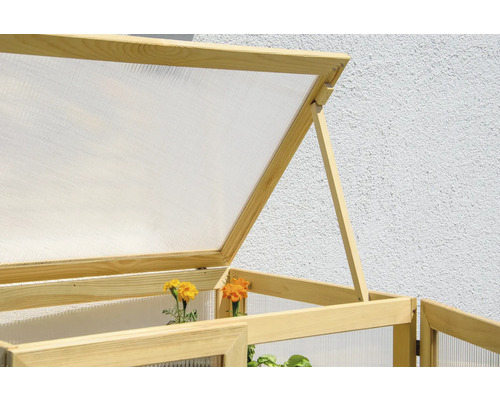 Vue détaillée d''un châssis de couche avec cadre en bois ouvert et parois transparentes pour la culture de plantes.