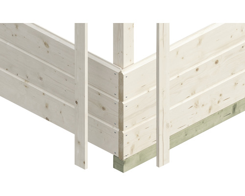 Detailansicht einer Holzwandkonstruktion mit Eckverbindungen und Holzstützen.