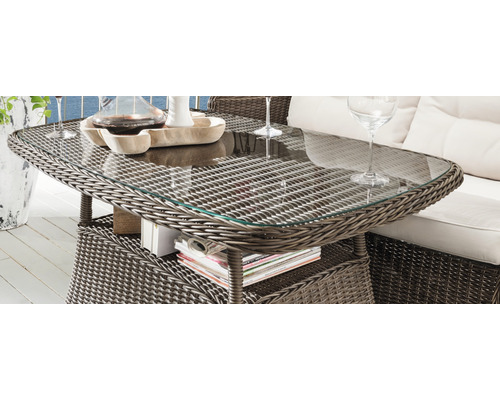 Gartentisch mit Glasplatte und Ablagefläche