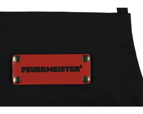 Vue détaillée d''un tablier de barbecue noir avec le logo rouge FeuerMeister