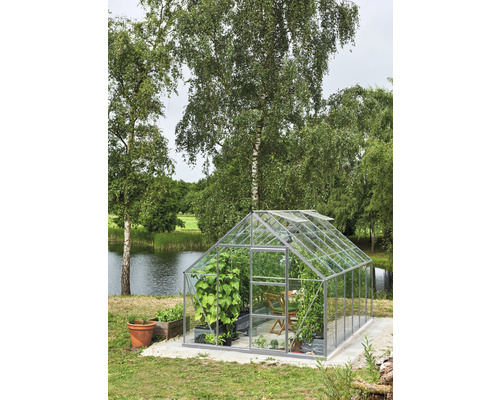 Gewächshaus mit Pflanzen im Garten in der Nähe eines Sees