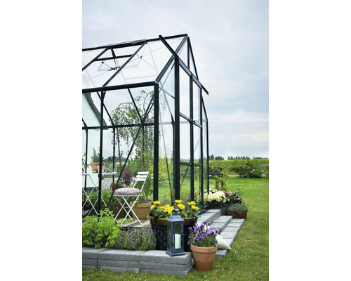 Serre avec plantes et meubles de jardin dans le jardin